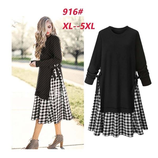 

sweater new large women's autumn 2020 splicing plaid sleeve crew neck dress fake two piece long skirt, Black;gray