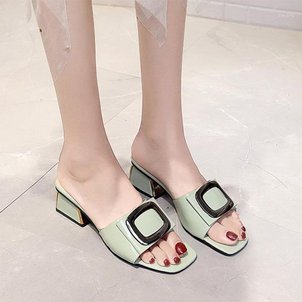 

woman square toe slippers women casual solid slides women's mid heels female metal decor shoes ladies thick heel footwear 20201, Black