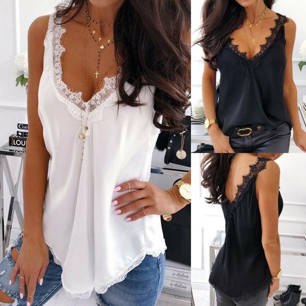 

womens summer solid vest sleeveless lace casual loose tank camis 2021 summer new, White