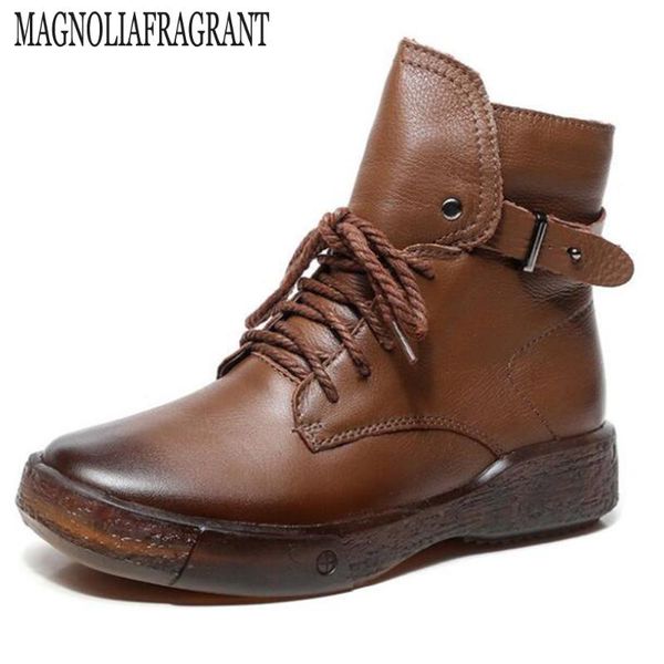 

genuine leather women's short boots retro casual winter womens boots warm belt buckle handmade shoes botas de mujer hy973, Black