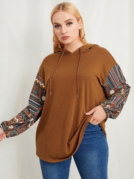 

plus chevron print drop shoulder drawstring hoodie g8xj#, Black