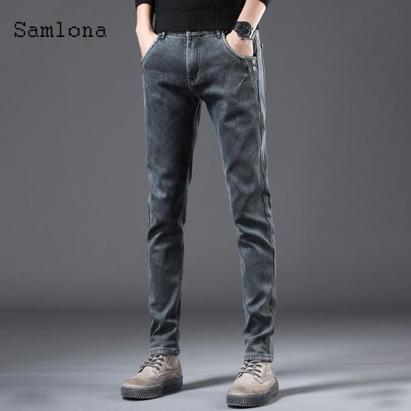 

men's jeans samlona men skinny demin pants trend 2021 autumn winter leisure male trousers korean slim pantalon plus velvet, Blue