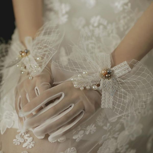 

elegant women's lace bow bride gloves ladies short girls gauze gloves party cosplay accessories transparent fishnet gloves h qylbuz, White