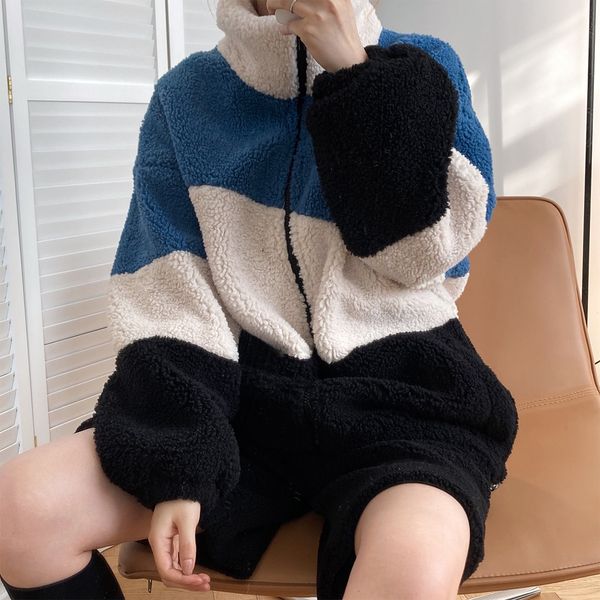 

new 2021 spring long sleeve thick stand color zip design oversize warm furry hoodies women 299o, Black