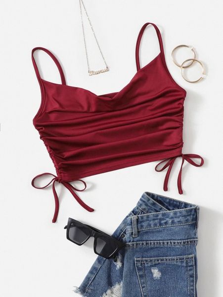 

solid drawstring side crop cami d35o#, White