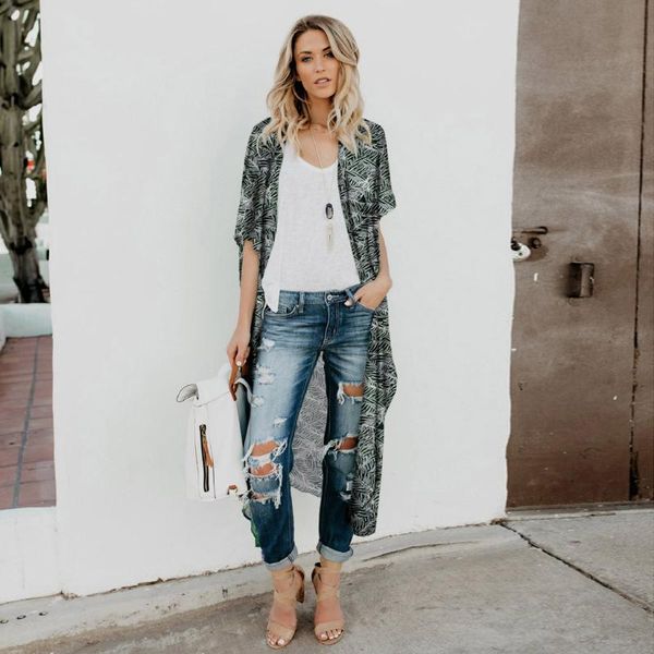 

loose outwear plus size spring autumn women casual lapel short sleeve vintage print chiffon long shirt cardigan blouse mg3, White