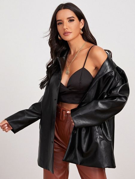 

notch collar pocket side pu leather blazer l8ci#, White;black