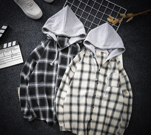

e-baihui 2021 fashion new spring and summer hooded plaid shirt men's korean leisure youth thin jacket japanese long sleeve shirt cr793, White;black