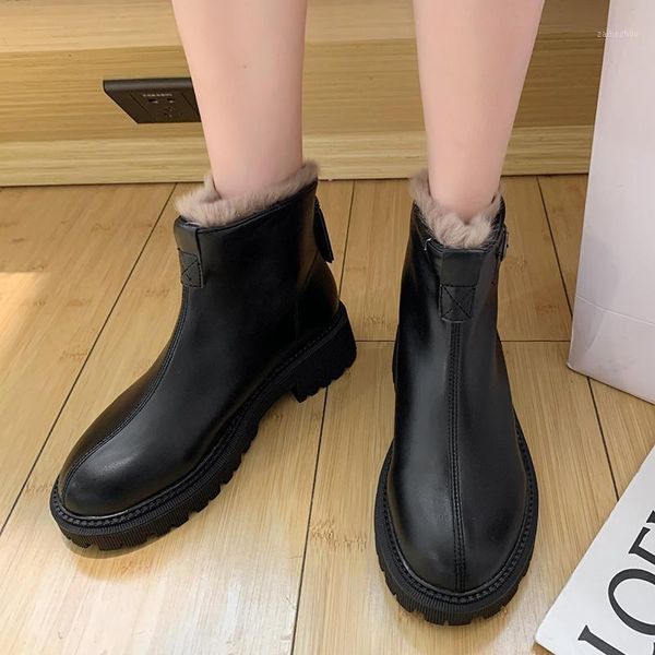 

rimocy punk black pu leather motorcycle boots women winter warm plush square heel ankle boots minimalist all-match shoes woman1