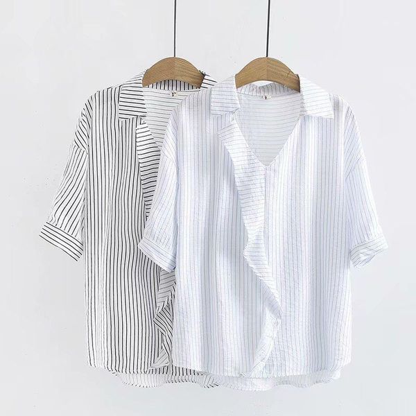 

2020 new fashion brand oversize plus size shirt casual v-neck striped half polyester1, White