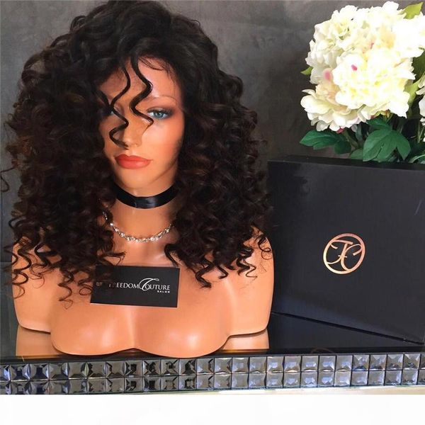 

kinky curly lace front wigs malaysian virgin human hair glueless full lace wigs with bleached knots for black women, Black;brown