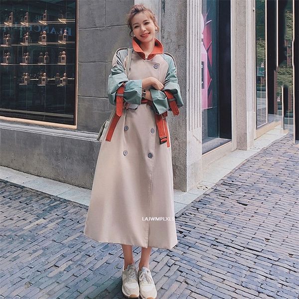 

korean new autumn fashion color block trench coat women streetwear camel belt pocket coat trench duster coat spring fy135 201031, Tan;black