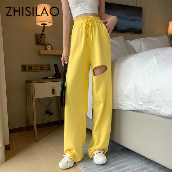 

street cargo pants women loose wide leg straight trousers mujer solid hip hop ripped pants high waist summer casual pants 201109, Black;white