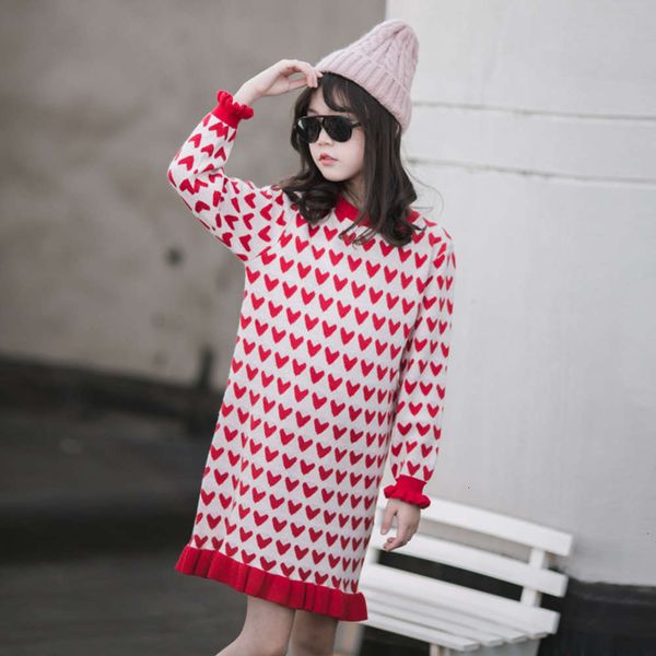 

child girls sweater drs autumn parent and thickened long sve children's princs winter skirt red 2020 new xigt, Red;yellow