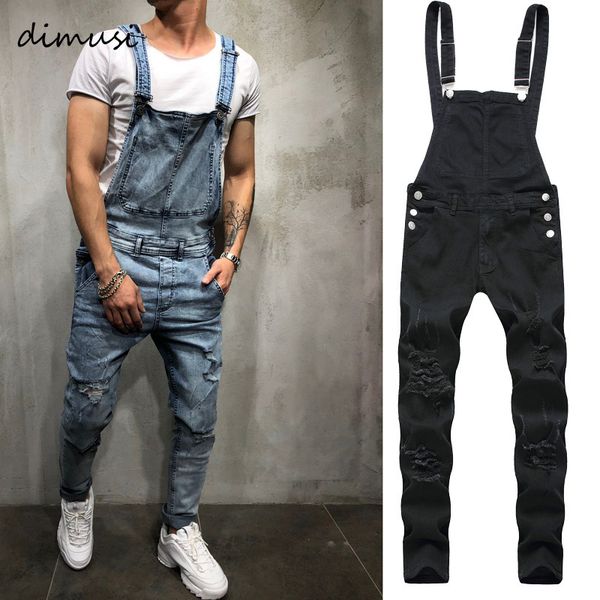 

fashion men's ripped jeans jumpsuit men hip hop streetwear distressed denim bib overalls for man suspender pants clothing, Black
