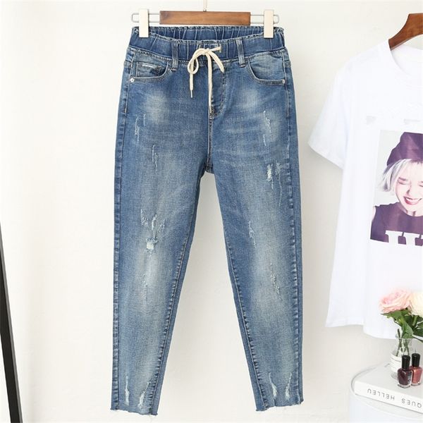 

5xl plus size boyfriend jeans for women casual vintage high waist jeans denim harem pants elastic waist denim jeans femme q365 201029, Blue