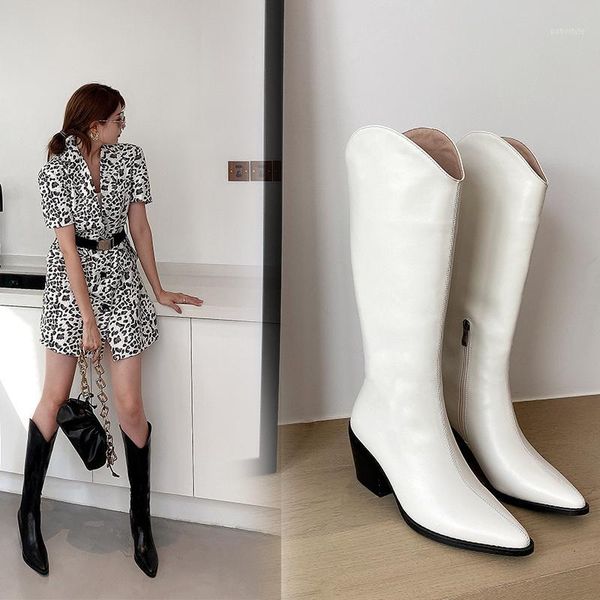 

boots 2021 women pointed toe autumn winter knee high pu leather zipper long square heel fashion short big size 33-431, Black