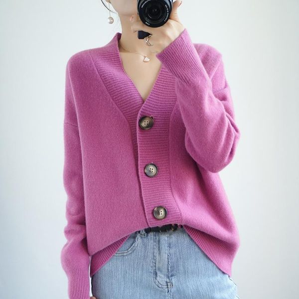 

new v-neck 100% wool sweater women's autumn and winter short star cardigan sweater loose knit cashmere base ing, White