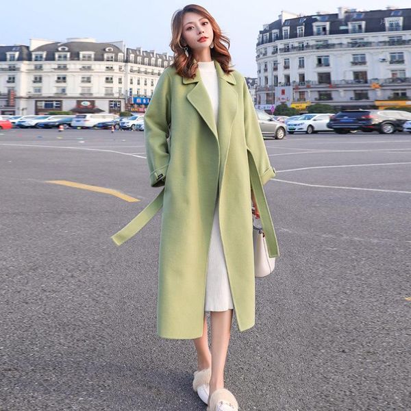 

solid thicken sashes long wool blends coats women korean loose sleeve winter cashmere coat female plus size outerwears1, Black