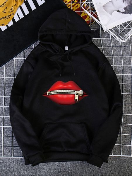 

lip print kangaroo pocket drawstring hoodie n3nw#, White;black