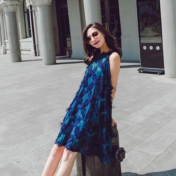 

women's small seaside vacation temperament high waist slimming suspender skirt skirtbeach skirt beach skirtsuper fairy tassel feather a, Black;gray