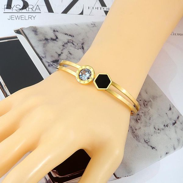 

fysara hollow римская цифра браслет из нержавеющей стали ювелирные изделия горный хрусталь браслет для женщин мода шарм черный эмаль браслет, Black