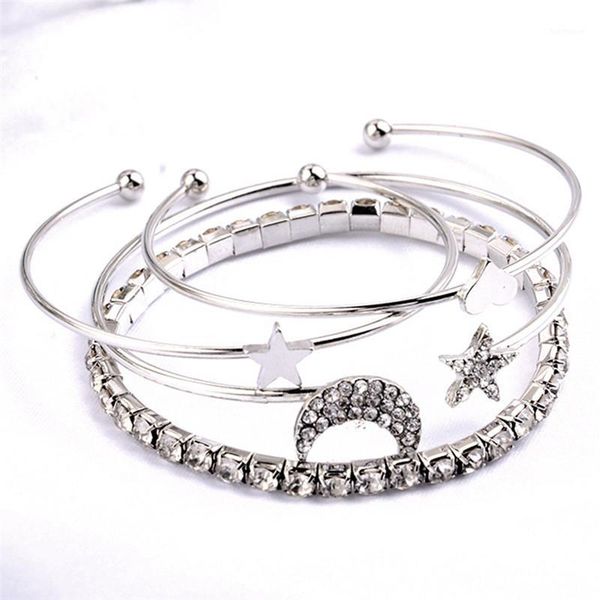 

crystal star moon bangle set multilayer love heart charm gold color open cuff bangles adjustable jewelry for women1, Black