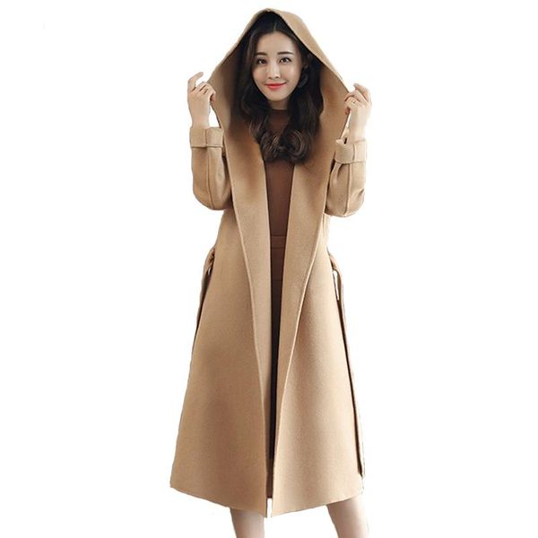 

women's wool & blends fashion autumn winter women woolen coat thicken hooded female belt slim long coats khaki dark blue plus cotton, Black