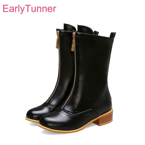 

Winter New Shiny Black Wine Red Women Mid Calf Riding Boots Med Heels Lady Nude Shoes EY718 Plus Big Small Size 10 32 43 48