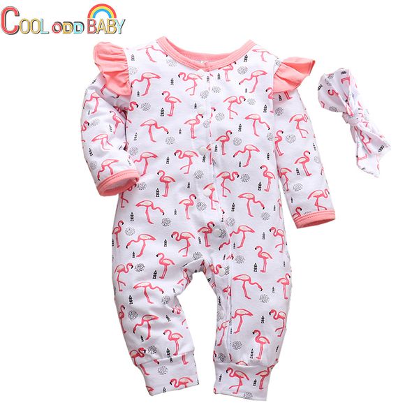 

autumn baby girls romper cotton ruffle long sleeve flamingo print jumpsuit + headband 2pcs cute newborn clothes infant outfits 201029, Blue