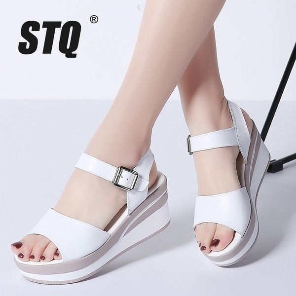 

stq women sandals white flat sandals wedges heel summer women open toe platform sandalias ladies gladiator sandals 8626 y200405, Black