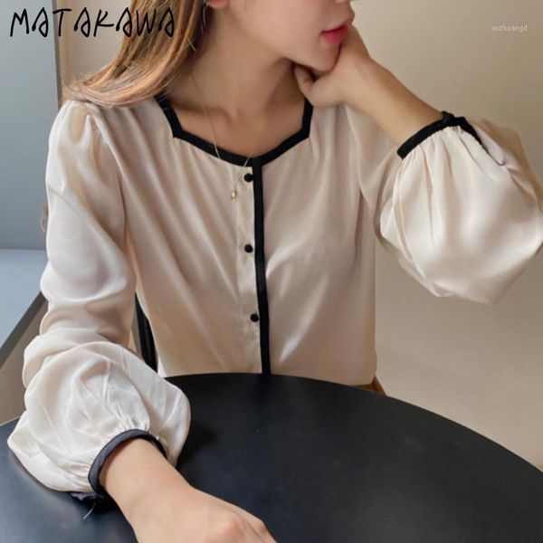 

autumn square collar blouse women contrast color loose blusas thin section micro-transparent long-sleeved ladies shirt, White