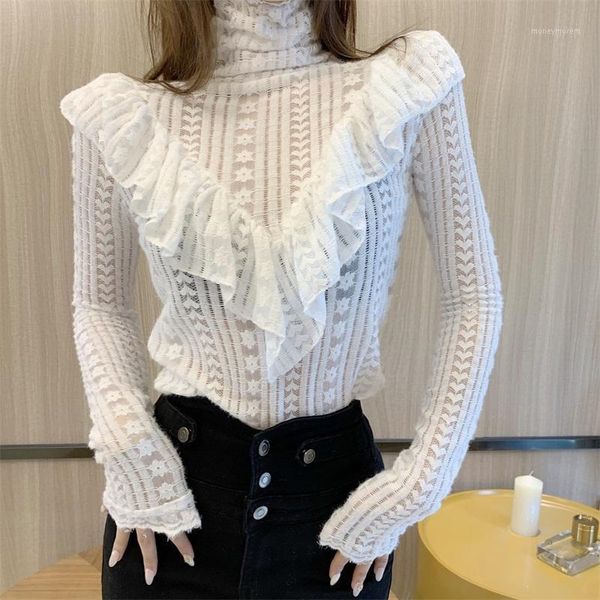 

turtleneck ruffled long-sleeved wool brushed lace shirt western style all-match bottoming shirt was thin1, White