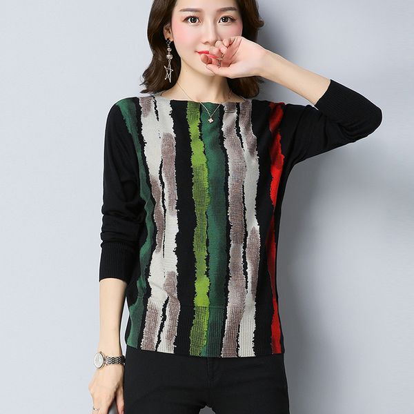 

yisu autumn wool sweater striped print knitwear large size s-5xl pullover woman warm female jumper women knitted sweaters y200722, White;black