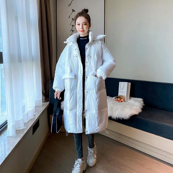 

fmfssom 2021 new winter female casual solid hooded parkas women glossy parka oversize fashion thick warm long paekas, Black