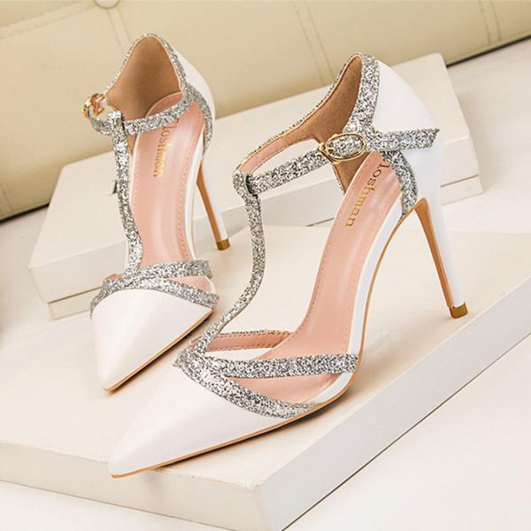 

2021 bling summer women sandals leather pointed toe ladies glitter sandals t-shaped buckle high heels party shoes woman 41, Black