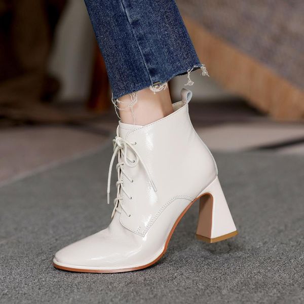 

fashion shoes woman lace up genuine leather office ladies dress boots women winter square toe thick high heels ankle boots women, Black