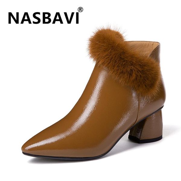 

fashion pointed toe non-slip rubber sole mid heels zipper patent leather charming dress women comfort warm ankle boots, Black