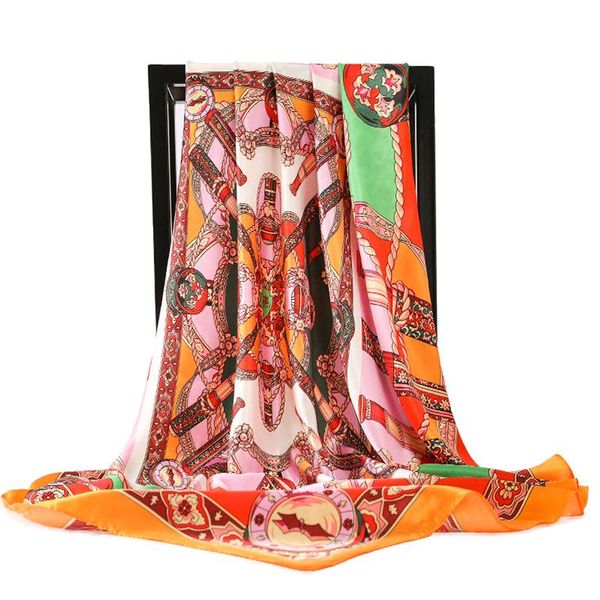 

fashion women scarf pastoral flora print hijab silk satin shawl wraps foulard square head scarves new 90x90cm, Blue;gray
