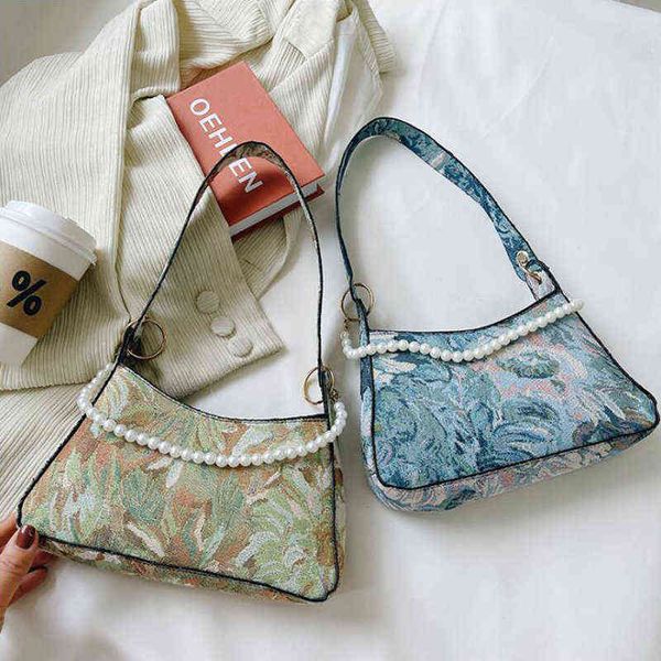 

shopping bags elegant flower painting shoulder casual canvas handbags for women pearl chain underarm bag ladies small tote 220315