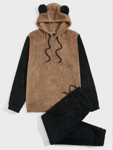 

men 3d ear designed teddy hoodie & pants set a20c#, Gray