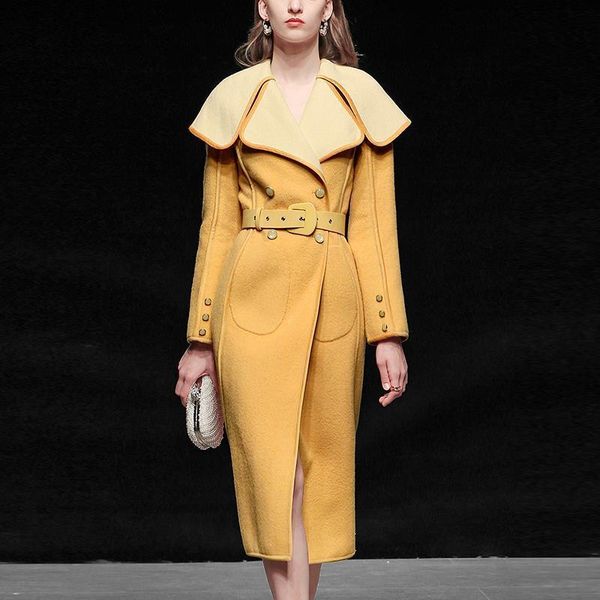 

long-sleeved double-breasted woolen jacket 2021 winter new slim h-shaped korean mid-length coat, Black