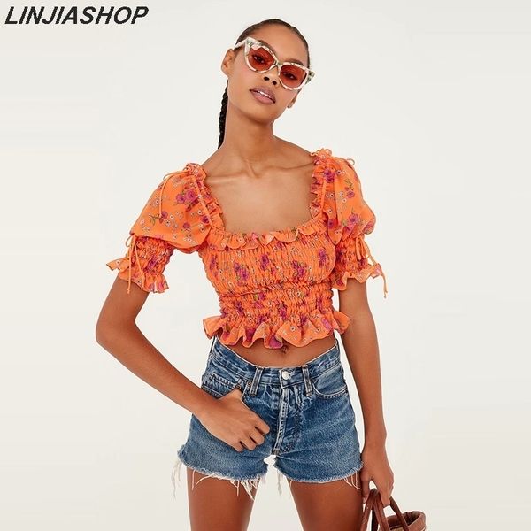 

forlove peony smocked orange blouse shirt with ruffles straps elastic puff sleeve square neck women summer y200622, White