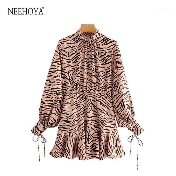 

casual dresses vintage chic zebra print ruffles mini dress women 2021 fashion stand collar long sleeve back zipper female vestidos1, Black;gray