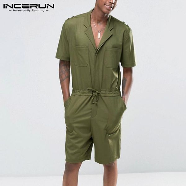 

mens vintage drawstring cargo rompers summer overalls short sleeve lapel casual shorts joggers man solid color jumpsuits incerun1, White;black