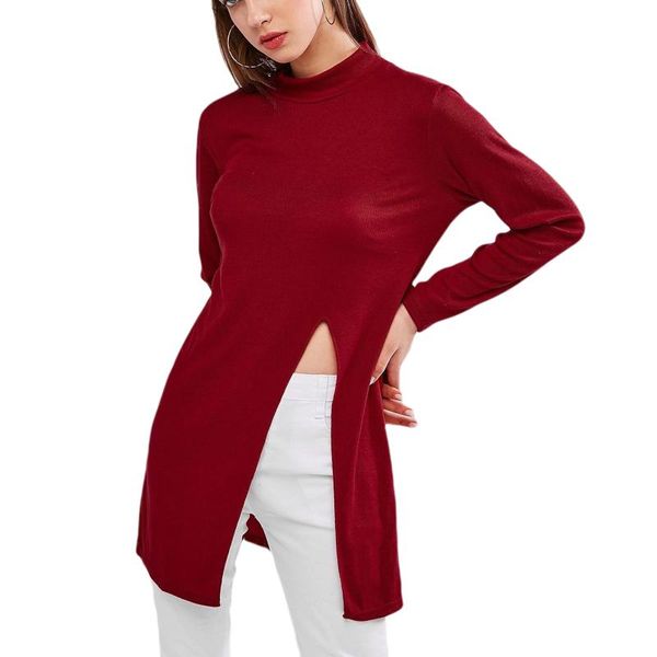 

women knitted sweater solid color long sleeve round neck high split pullover thin loose sweaters plus size, White;black