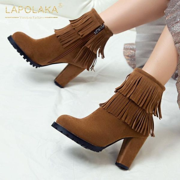 

boots lapolaka arrivals plus size 48 high heels ankle women shoes zip up fringe platform office ladies female1, Black