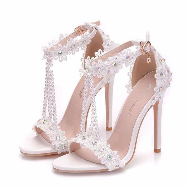 Scarpe eleganti Sandali da donna Fiori di pizzo bianco Nappa di perle Tacchi altissimi 11 cm Sandalo da sposa da sposa snello Taglie forti 44 45