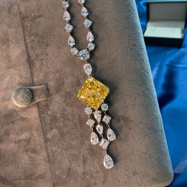 

100% 925 sterling silver luxury handmade inlaid tassel full diamond yellow geometric necklace women's high-end jewelry