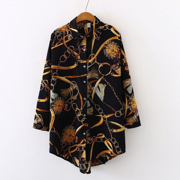 

women's blouses & shirts fashion chain print women shirt casual long sleeve womens and button turn-down collar blouse women1, White